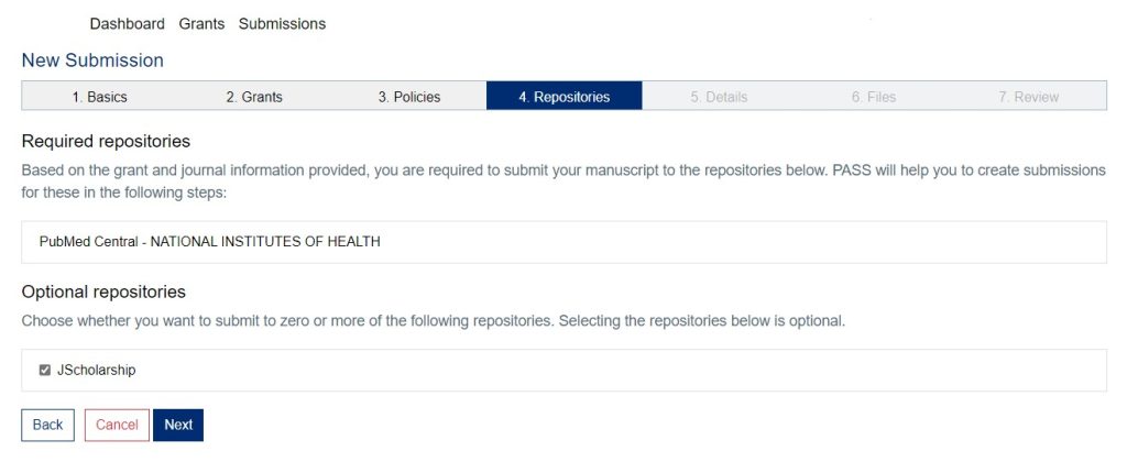 Shows your required repository eg. NIH’s PubMed Central and your optional repository eg. JHU institutional repository JScholarship.