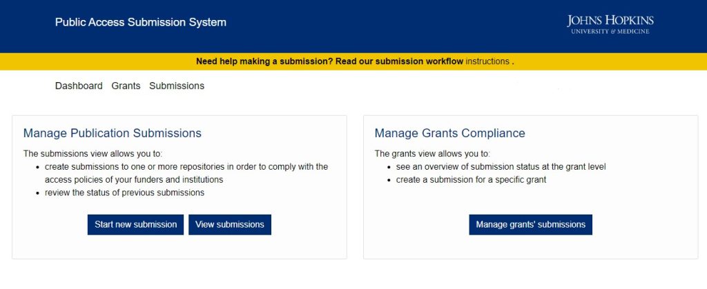First page of PASS system shows “Start new submission”, “View submissions”, and “Manage grants’ submissions”.