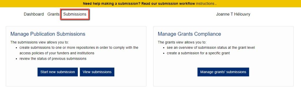 There are three options that you can choose from: “Start new submission,” “View submissions,” and “Manage grants’ submissions.” Select “View Submissions” button.